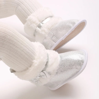 Suefunskry Newborn Baby Girl Winter Warm Plush Boots Shiny Flats with Cute Bows Casual Walking Shoes for Toddler Infant