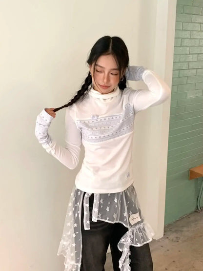 Fashion Star Gauze Sweet Irregular Chic Women Skirts Japanese Y2k Aesthetic Split Skirt Vintage Casual Lace Ruffled Fairy Faldas