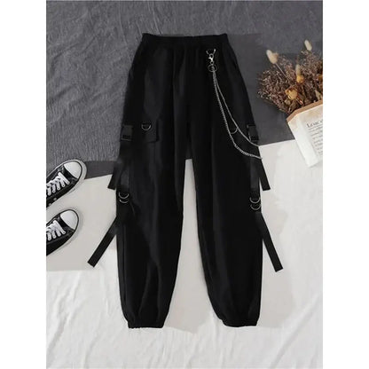 2PCS Women's Streetwear Outfits Loose Long Sleeve Shirt Ribbon Chain Cargo Pants 2 Piece Sets Korean Casual Unisex Couple Suit
