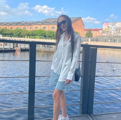 Elegant Satin Loose Women Shirt Spring Turn-down Collar Ladies Blouse Autumn Vintage Casual Button Silk Tops