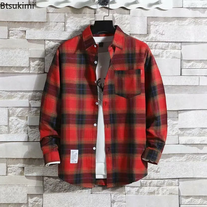 Spring New Korean Style Plaid Shirts Men's Handsome Long-sleeved Loose Casual All-matching Shirt Coats 2025 Trend Men's Clothing