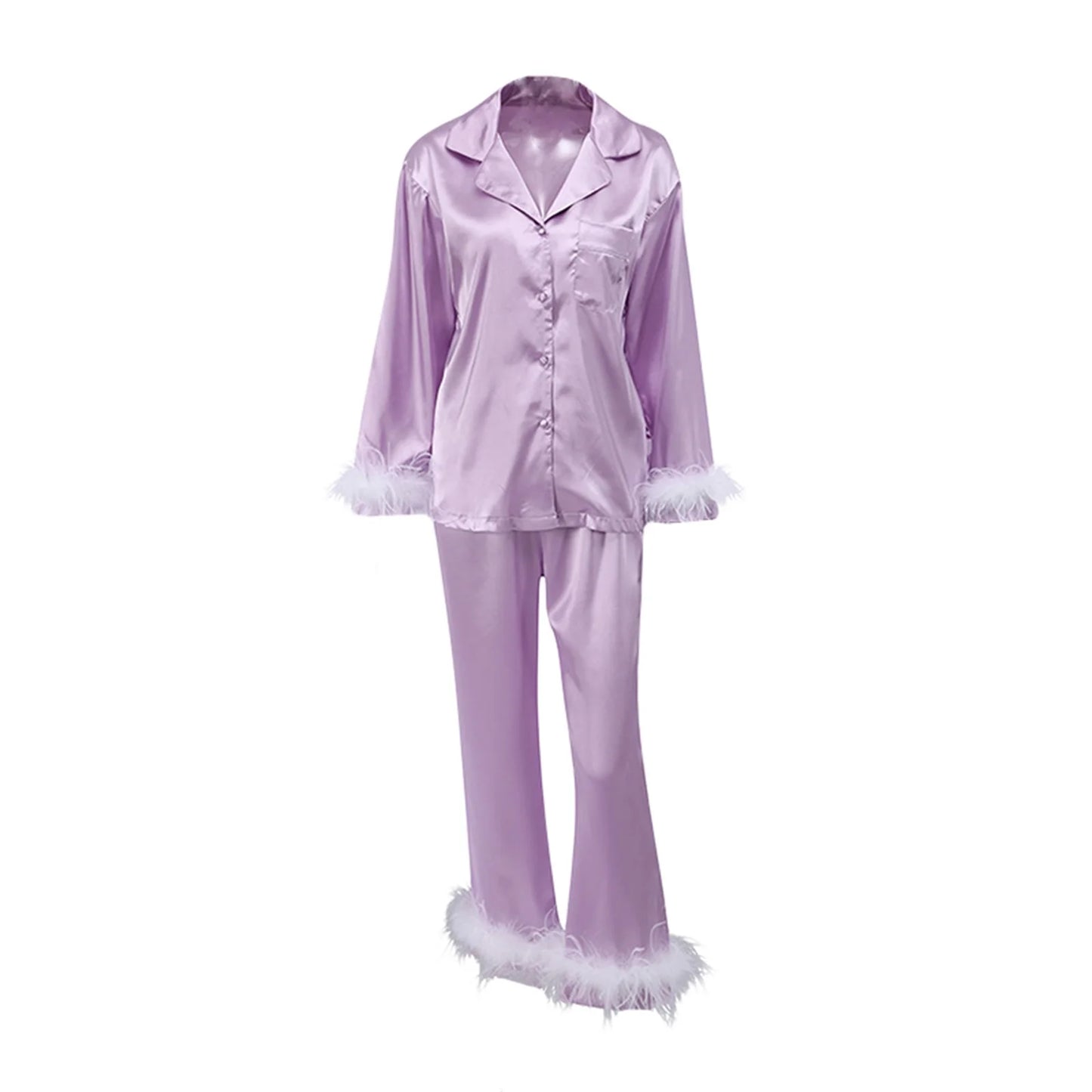 Women Spring Fall Soft Pajamas Sets Fur Feather Trim Long Sleeve Button Satin Silk Shirts Pants Loungewear Sleepwear Home wear