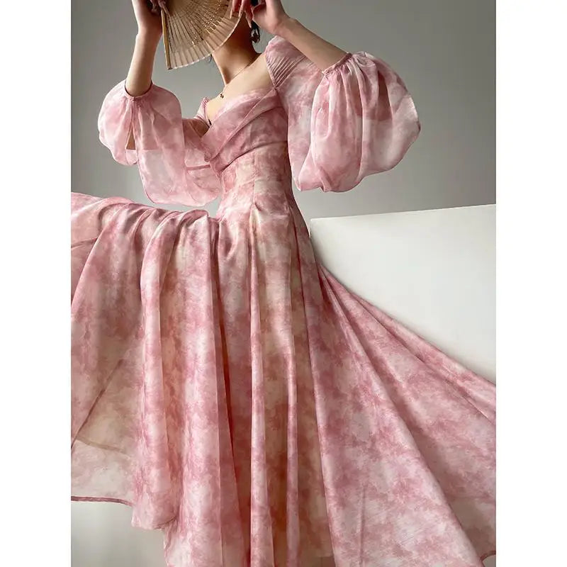Pink Floral Dress Summer Woman Long Sleeve Chiffon Casual Midi Dress Even Party Elegant Formal Dress Beach Style 2025 Summer
