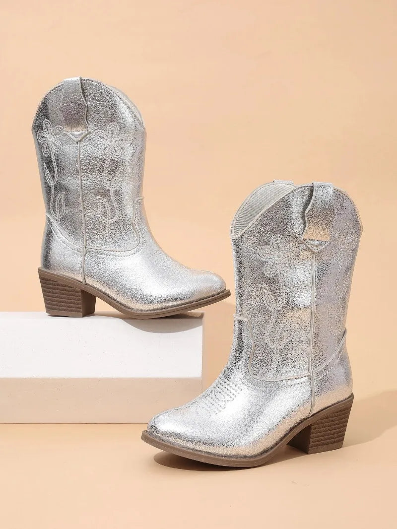 Luxury Gold Silver Western Knee High Boots Girls Premium Quality Slip-on Cowboy Long Booties Kids Heeled Point Toe Floral Botas
