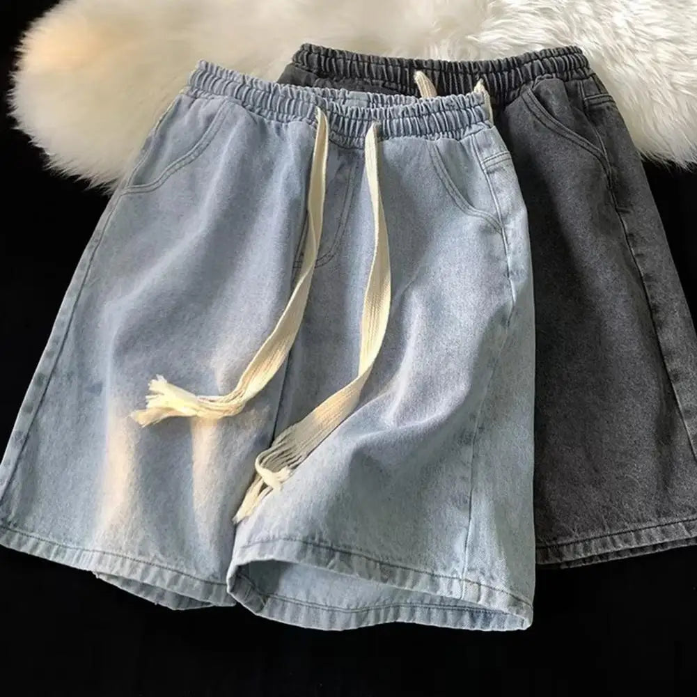 Men Wide-leg Denim Shorts Men's Quick-drying Denim Beach Shorts With Elastic Drawstring Waistband Pockets Summer Wide Leg Shorts