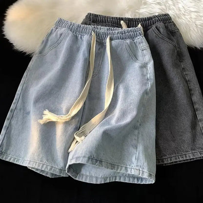 Men Wide-leg Denim Shorts Men's Quick-drying Denim Beach Shorts With Elastic Drawstring Waistband Pockets Summer Wide Leg Shorts