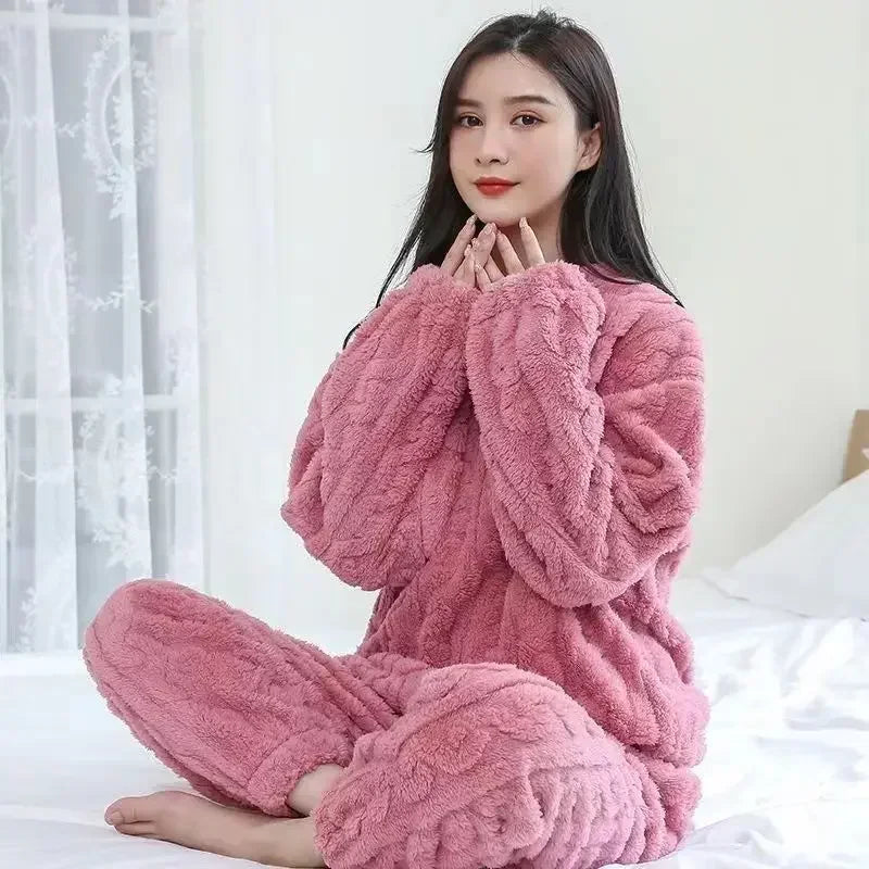 Fleece Women Pajamas Set Winter Sleepwear Solid Velvet 2 Piece Pant Home Suit Fluffy Casual Pajama Warm O-neck Night Wear