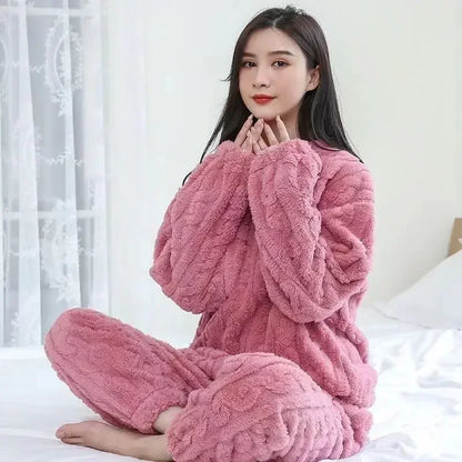 Fleece Women Pajamas Set Winter Sleepwear Solid Velvet 2 Piece Pant Home Suit Fluffy Casual Pajama Warm O-neck Night Wear