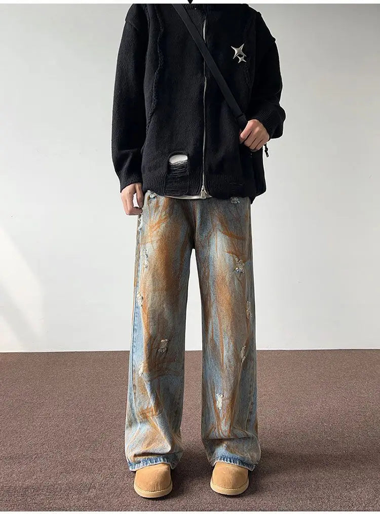 Men's trousers summer thin tie-dyed ripped jeans men's loose straight washed distressed high street American men's trousers