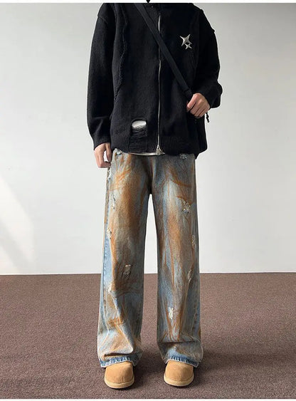 Men's trousers summer thin tie-dyed ripped jeans men's loose straight washed distressed high street American men's trousers