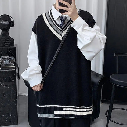 Men Asymmetrical Pattern Sweater Couple Matching Sweaters Color block V Neck Men's Vest Sweater Preppy Business Style for Mid