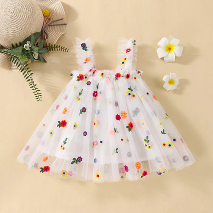 2025 New Baby Girl Clothes Multi Coloured Embroidered Floral Mesh Camisole Cute Baby Girl Dress Party Princess Fluffy Dresses