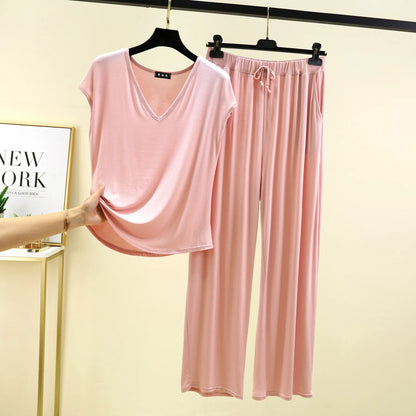 Modal Home wear 2pcs set V-Neck T-shirt sleeveless and Pants summer women's Loose sleepwear suits Solid color Casual Pajamas sets