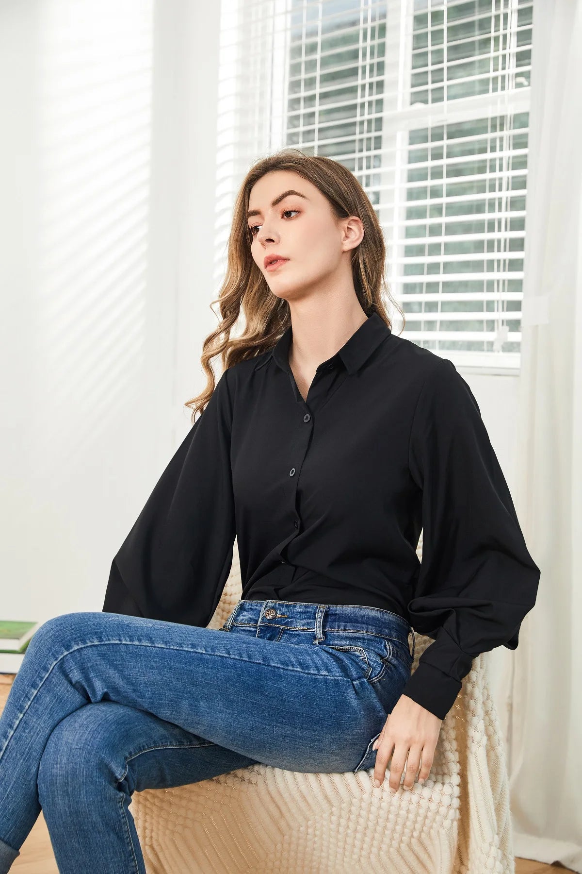 Lantern Sleeves Vintage Shirts Women Elegant White Women's Blouse with Lush Sleeves 2025 Fashion Button Up Shirt Black dropship