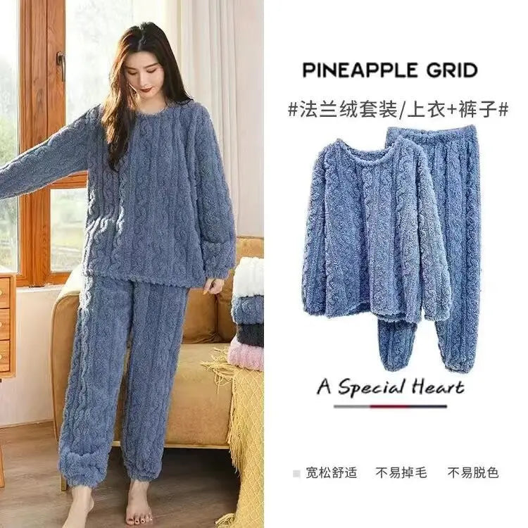 Fleece Women Pajamas Set Winter Sleepwear Solid Velvet 2 Piece Pant Home Suit Fluffy Casual Pajama Warm O-neck Night Wear