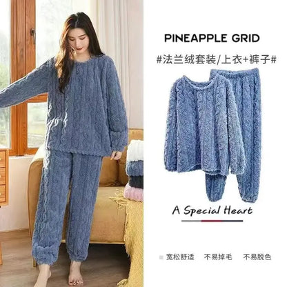 Fleece Women Pajamas Set Winter Sleepwear Solid Velvet 2 Piece Pant Home Suit Fluffy Casual Pajama Warm O-neck Night Wear