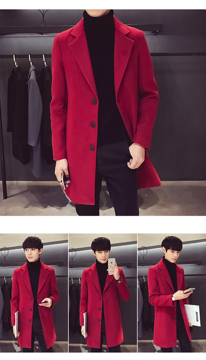 Autumn and Winter Slim Fit Long Wool Coat for Men's Single Breasted Lapel, Street Fashion Business Trench Coat for Men Clothing