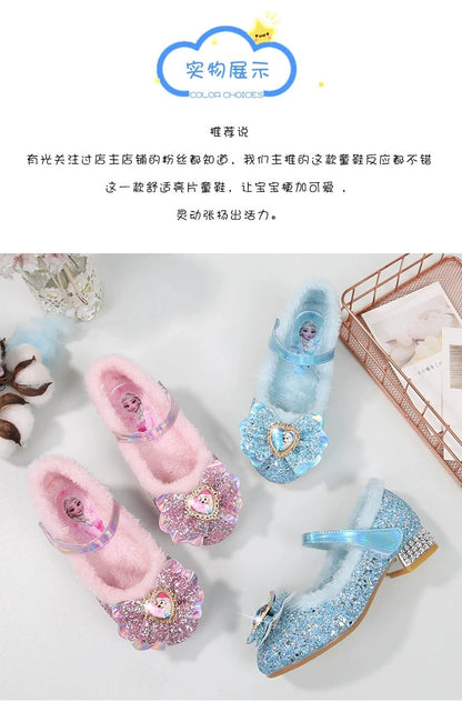 Disney Princess Kids Warm Winter Shoes for Girls Elsa Casual Glitter Children Flat Heel Girls Shoes Butterfly Knot Blue Pink