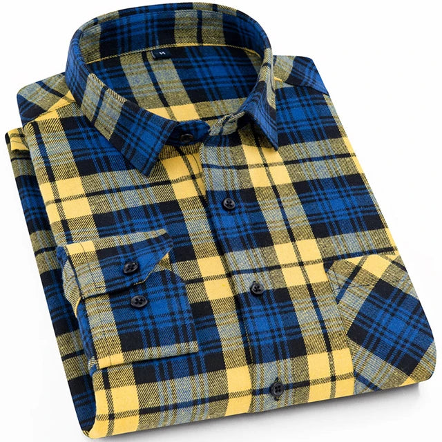 Men's Slim-fit Casual Brushed Flannel Contrast Plaid Shirt Single Patch Chest Pocket Comfortable Soft Long Sleeve Gingham Shirts