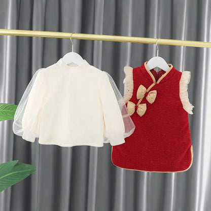 Toddler Baby Girls Dress Autumn  Winter Kids Red Christmas New Year Plush Warm Dress Infant Clothing Set Top+ skirt For 1-4 Years