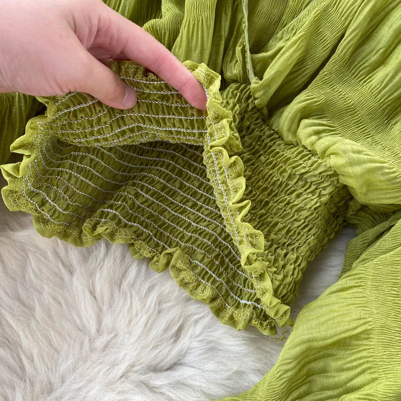 Women Sexy Chiffon Short Blouse Female See Through Super Long Sleeve Purple/Green/Black/White Folds Party Tops 2025 New