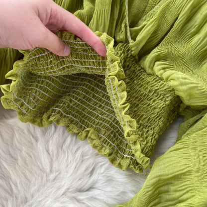 Women Sexy Chiffon Short Blouse Female See Through Super Long Sleeve Purple/Green/Black/White Folds Party Tops 2025 New