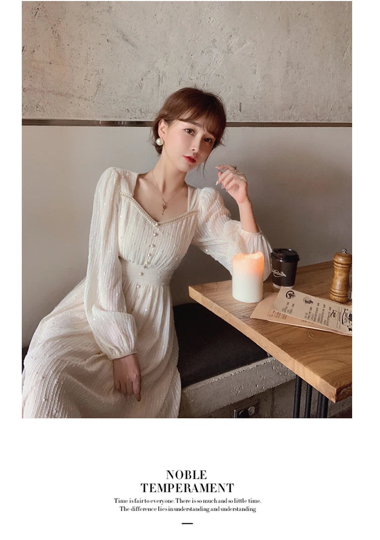 2025 Summer New Women Fashion Elegant White Midi Dresses Vintage Princess Female Party A Line Clothes Prom Robe Vestdios