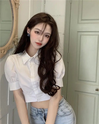 Korean Fashion Women's Shirt Summer Elegant Youth Blouses Clothes Preppy Puff Sleeve White Shirts Cropped Cute Top 2025