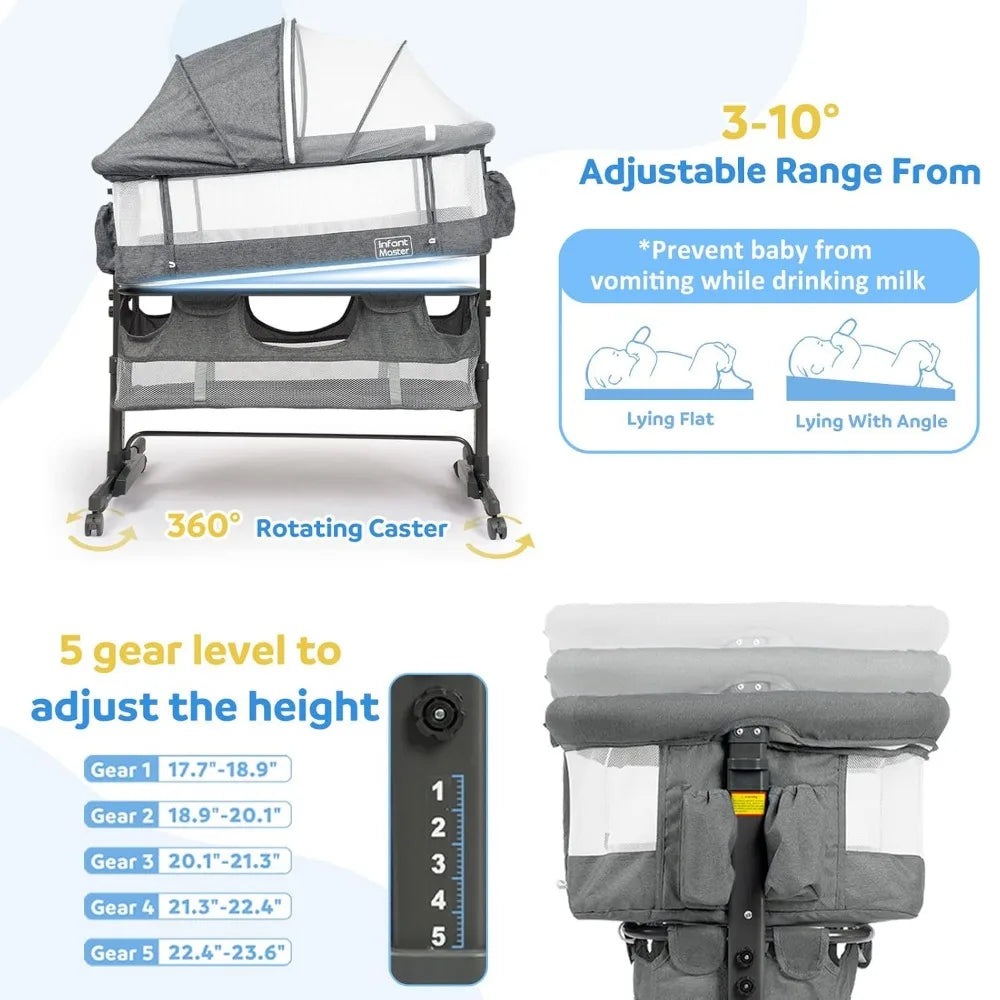 3 in 1 Baby Bassinet, Upgraded Beside Crib with 360° Highly Visible Mesh wall, Comfy Co-sleeper Bassinet with mattress, 5 Level