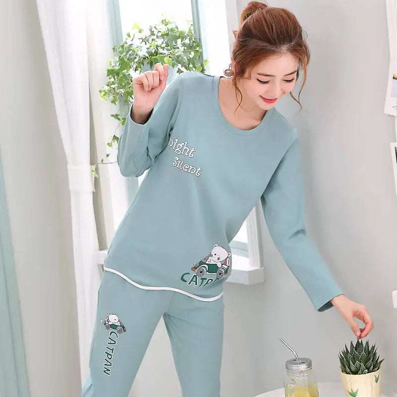 Autumn Thin 2pieces Pijamas Set Women 2025 Cartoon Round Neck Girls Pajamas Sets Honey Boof Full Sleepwear Clothes Sleep Tops