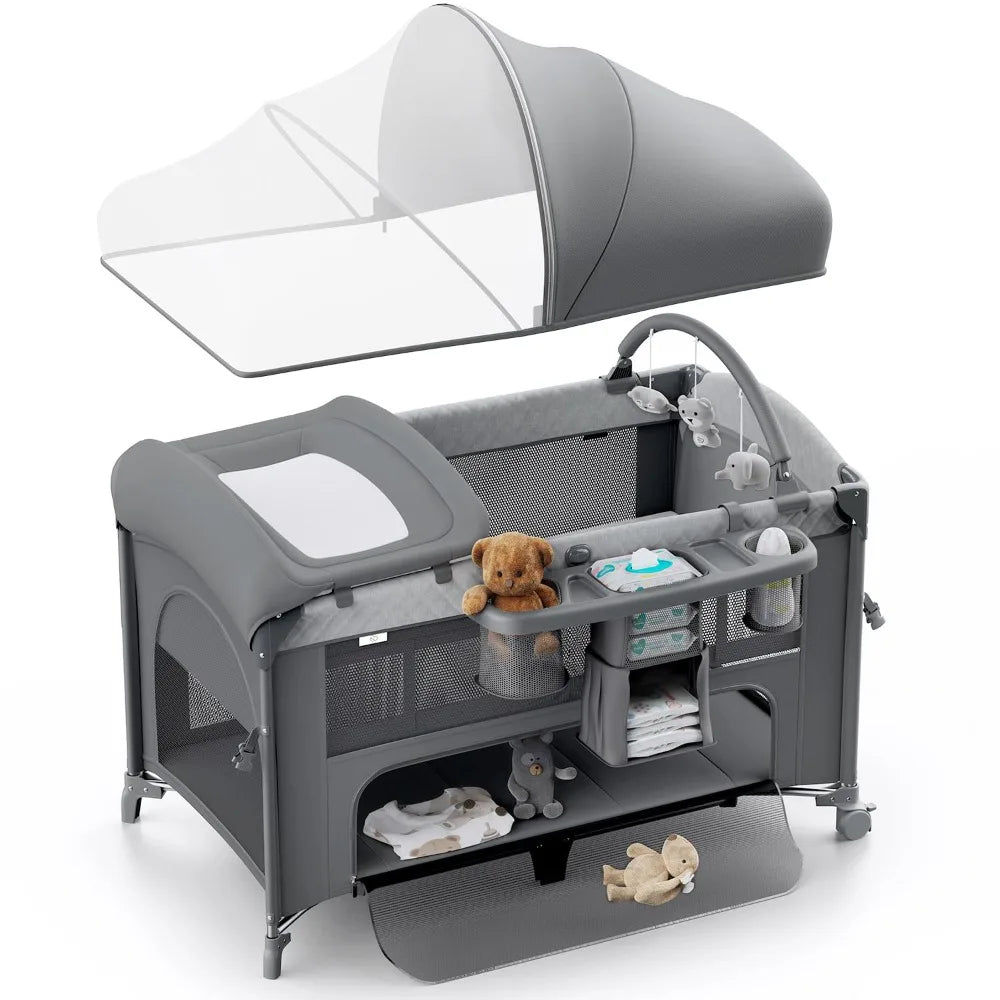 4 in 1 Baby Bassinet, Pack and Play, Bedside Crib Sleeper, Diaper Changer - Comes with Mattress, Mosquito Net Bottom Storage