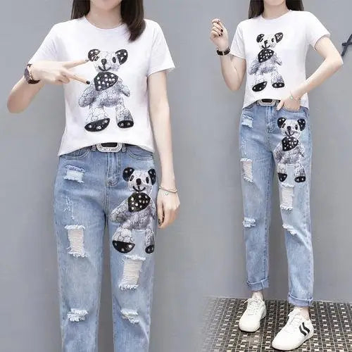 Cartoon Print Short Sleeve T-shirt Perforated Jeans Two Piece Elegant Women's Pants Set Summer Outfit Leisure Sports Suit