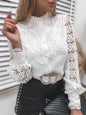 Shirts Elegant Office Ladies White Collared Lace Patchwork Hollow Out Button Up Women's Tops And Blouses 2025 Fashion New Blouse