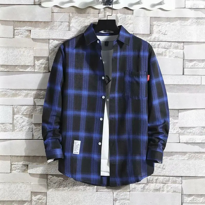 Spring New Korean Style Plaid Shirts Men's Handsome Long-sleeved Loose Casual All-matching Shirt Coats 2025 Trend Men's Clothing