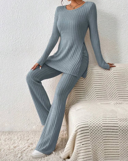 Autumn Winter Women's Clothing New Style Solid Color Sexy Casual Long Sleeved Round Neck Slit Fashion Temperament Two-piece Set