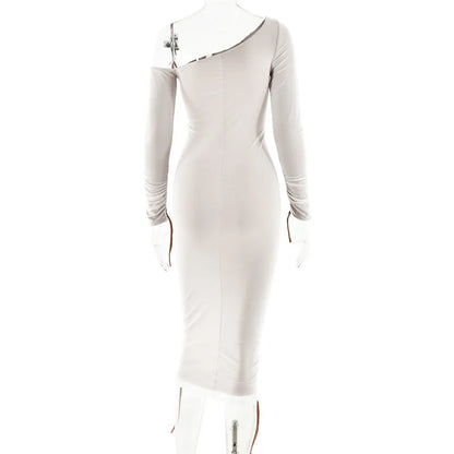 Diagonal Collar Long Sleeve Midi Dress For Women Two Layer Mesh Backless Ruched Bodycon Club Party Sexy Long Dress