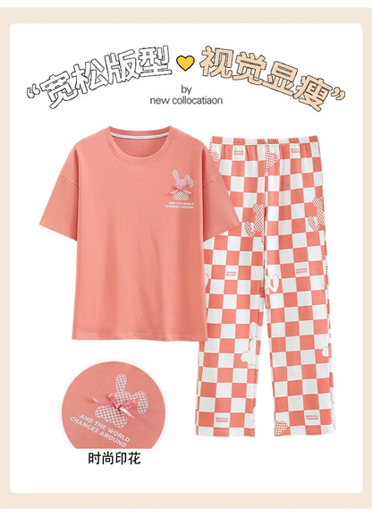 Cotton Womens Pajamas Sets Long Pants Leisure Woman's Sleepwear Ladies Elegant Lattice Printing Pajama Girls Homeware Suit