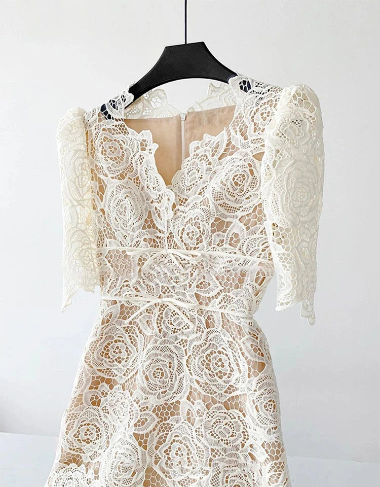 Queen Summer Dresses Korean Retro High Waist Vestidos Elegant Fashion Slim Midi Hollow Out Office Party Casual Lace Dress