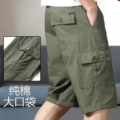 Men's Cargo Shorts Knee Pants Zipper Pocket Summer Cotton Shorts Climbing Jogger Elastic Waist Sports Wear