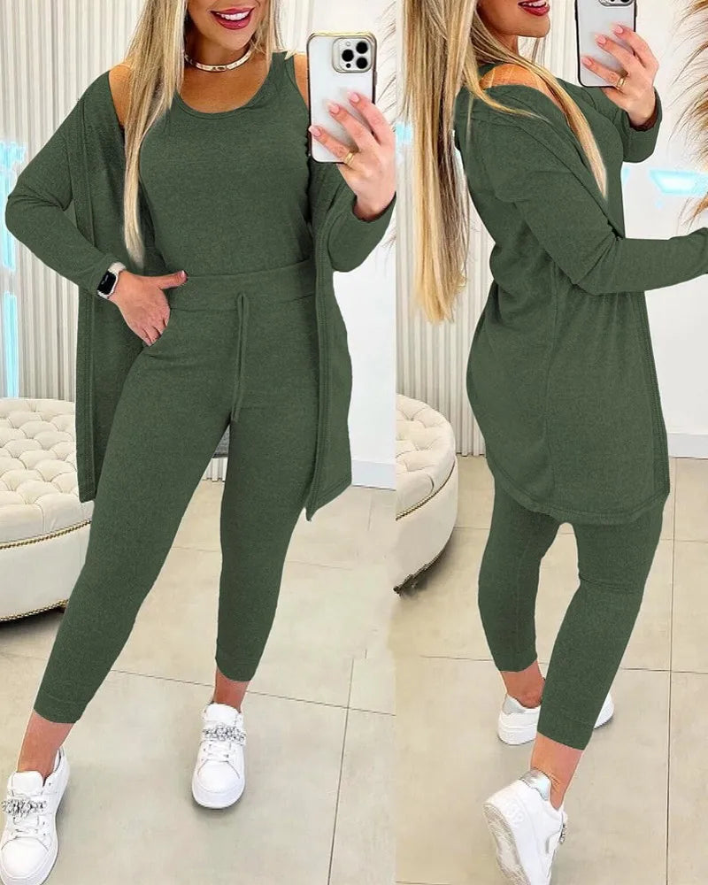 Elegant Fall Outfits Women 2025 Suit Fashion Versatile Casual Round Neck Tank Top & Drawstring Pants Set with Coat Three-piece