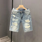 Fashion Vintage Korean Men's Summer Denim Shorts with Distressed Holes Slim Fit Distressed Holes Designer Luxury Clothing Men