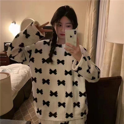 2025 Autumn Winter Warm Flannel Women Pijamas Sets Thick Coral Velvet Long Sleeve Cartoon Sleepwear Thin Flannel Pajamas Set