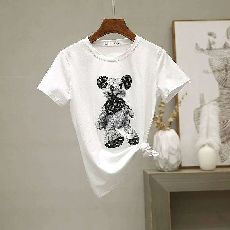Cartoon Print Short Sleeve T-shirt Perforated Jeans Two Piece Elegant Women's Pants Set Summer Outfit Leisure Sports Suit