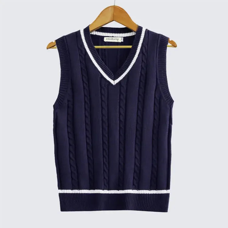 Striped White Knitted Sweaters for Men Blue Sleeveless Man Clothes V Neck Vest Red Waistcoat Jumpers Sweat-shirt Cotton