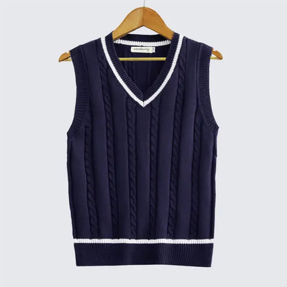 Striped White Knitted Sweaters for Men Blue Sleeveless Man Clothes V Neck Vest Red Waistcoat Jumpers Sweat-shirt Cotton
