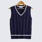 Striped White Knitted Sweaters for Men Blue Sleeveless Man Clothes V Neck Vest Red Waistcoat Jumpers Sweat-shirt Cotton