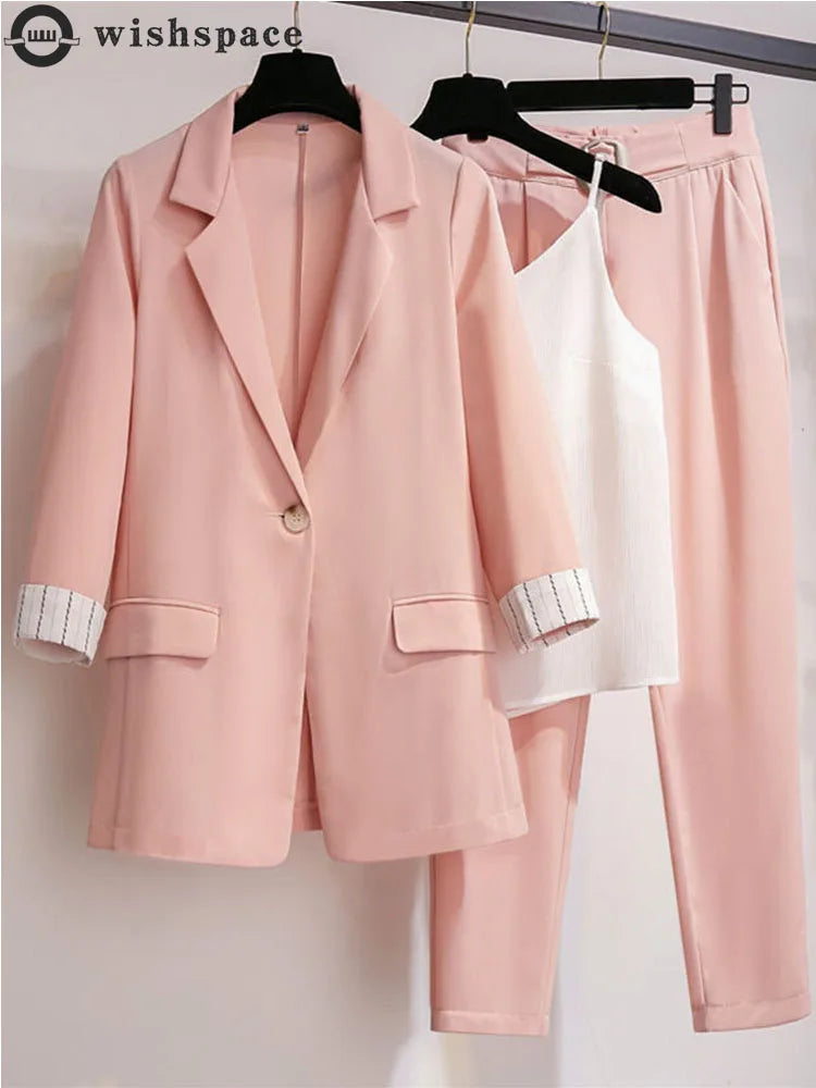 2025 spring new plus size Korean elegant women's suit female blazer leisure pants Tweed suit jacket three piece jacket pants set