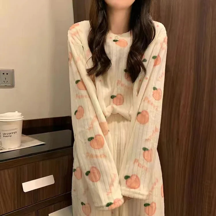 2025 Autumn Winter Warm Flannel Women Pijamas Sets Thick Coral Velvet Long Sleeve Cartoon Sleepwear Thin Flannel Pajamas Set