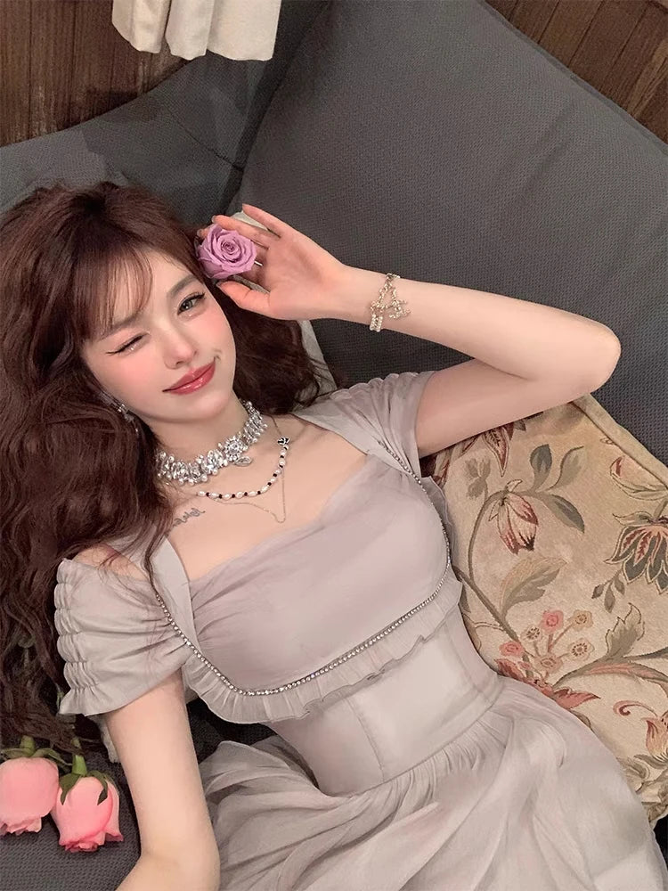 Korean Casual Midi Dress for Women 2025 New Summer Fashion Elegant Off The Shoulder Folds Ruffle Female Clothes Birthday Dress