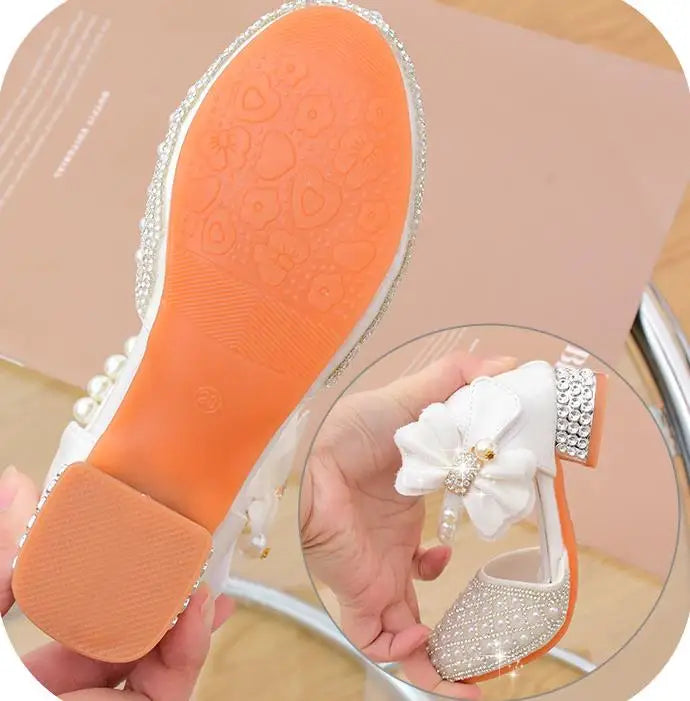 Rhinestones Princess Girls Party Shoes Children Shiny Crystal Bow High Heels Girls Sandals Summer Kids Student Performance Shoes